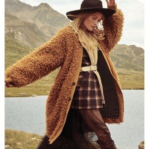 FREE PEOPLE Long Faux Mongolian Fur Cardigan Sweater Coat Coatigan Size S Shag